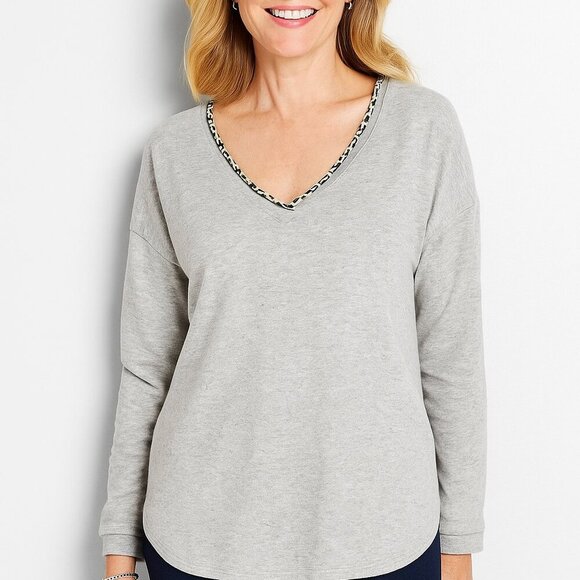 Cable & Gauge Sweater Women Medium Grey Leopard Piping Classic Preppy Office - Picture 1 of 6